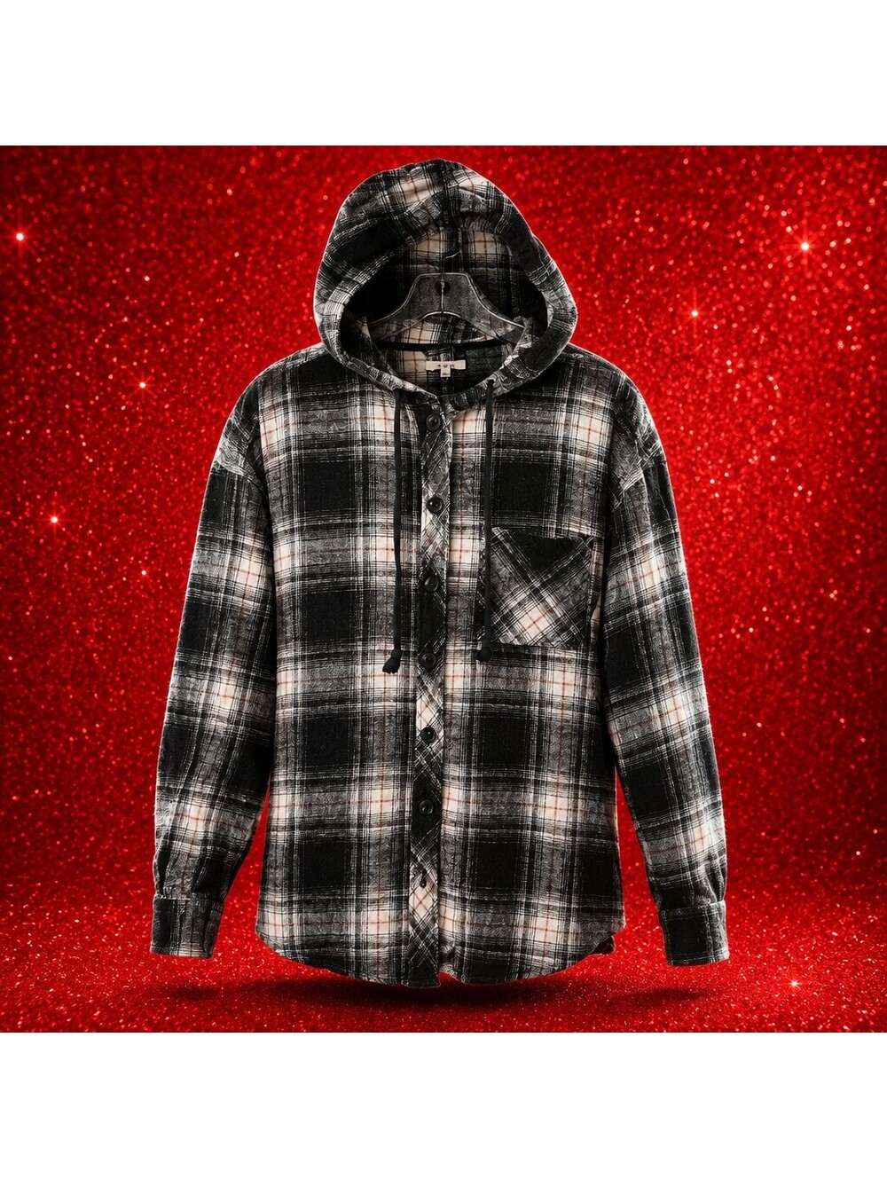 Maurices XL Grunge Plaid Hooded Flannel Shirt Cabin Lumberjack Shacket Blck 5044